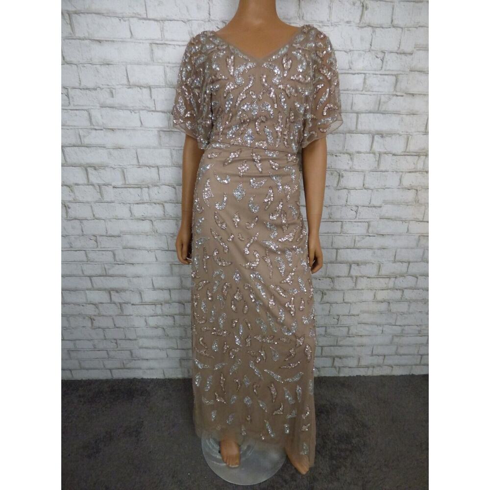 Alex Evenings Taupe Beaded Sequin Mesh V-Neck Gown 6 NEW